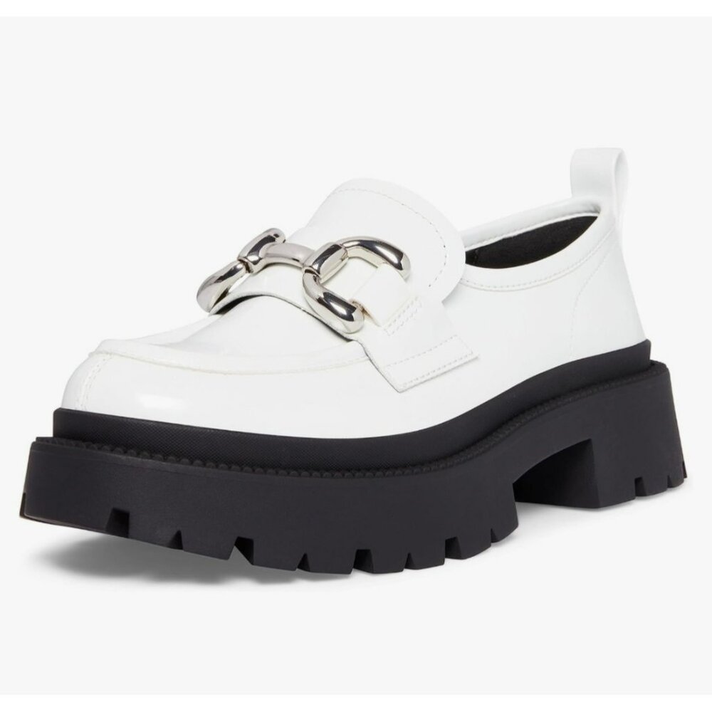 Madden NYC Womens White Platform Lug Sole Loafers With Metal Buckle Accent Size